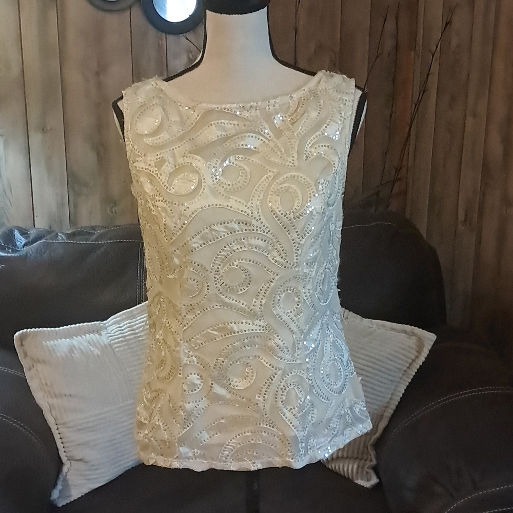 ONYX NITE Ivory Sequin Sheer Lined Crew Neck Top Formal Black Tie Evening